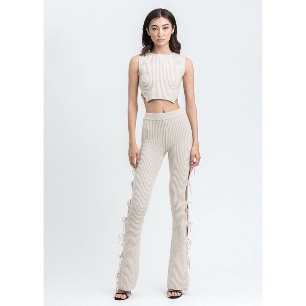 Guizio Cashmere Ribbed Knit Tie Pants and Cropped Top Small Oatmeal Revolve